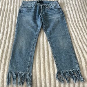 3x1 Women Light Blue Fringe Hem Straight Leg Jeans
